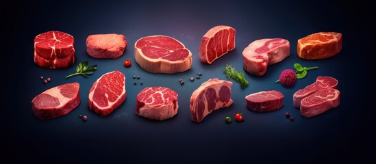 red, meat, steak, ribeye, sirloin, filet mignon, pork, lamb, juicy, raw, fresh, organic, grill, bbq, chop, flesh, protein, butcher, culinary, food photography, food styling, close-up, high contrast, d