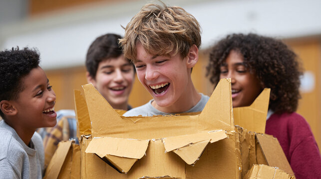 Laughing, diverse teens create with cardboard. Teamwork, learning, fun. Inspiring STEM projects, creativity, recycling concepts, education, and childhood joy.