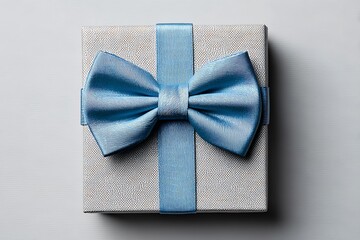 Elegant Gift Box with Blue Bow Tie on Minimalist Background. Perfect for Father's Day, Men's Special Occasions, or Corporate Gifting with Copy Space for Personalization and Celebration Messaging.