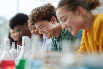Enthusiastic students conduct science experiments in a bright laboratory. Diverse group learning, researching, and collaborating. Perfect for education, science, teamwork content.