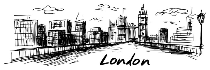 London Skyline with Tower Bridge Sketch Illustration