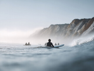 A surfer awaits the next wave, sitting on his board in a misty ocean. Dramatic coast, adventure, freedom, and the power of nature are all evoked in this image.