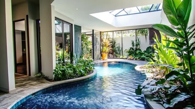 A modern indoor pool with a skylight above, perfect for swimming laps or relaxing