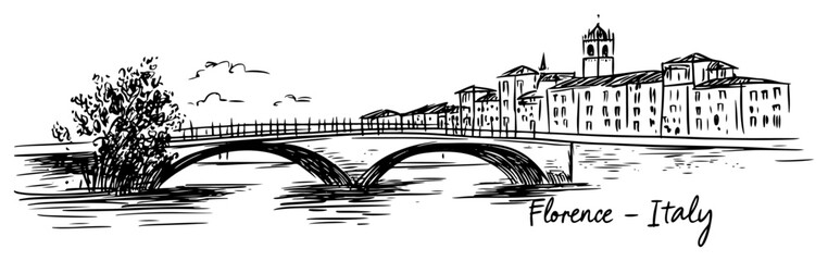 Florence Riverside Bridge Panorama black shape vector laser cutting engraving monochrome print