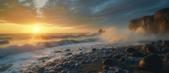 a majestic waterfall cascading over rugged, moss-covered rocks, surrounded by lush foliage and a vibrant sky at sunset, dramatic clouds, atmospheric lighting, stunning natural landscape, cinematic, ep