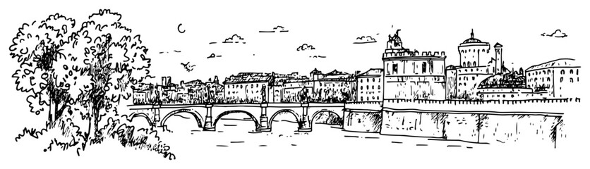 Rome Ponte Sant Angelo and Castel Sant Angelo on Tiber River