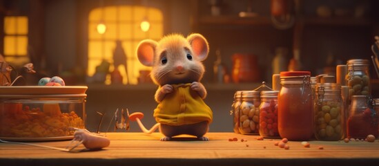 Obraz premium a cute stuffed animal mouse sitting on a wooden table, cozy indoor scene with warm lighting, detailed textures, photorealistic, 8k, studio lighting, cinematic 