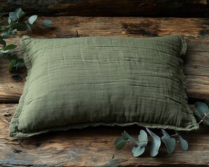 A muted olive green pillow rests on rustic wooden planks.  Eucalyptus leaves surround it
