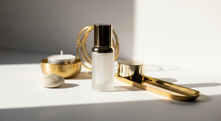 Golden cosmetic serum bottle display luxury skincare product photography with elegant shadows