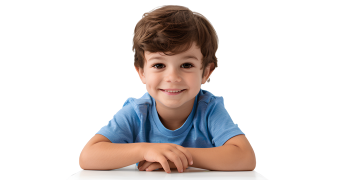 a cute boy sitting at the table, smiling. isolated on a transparent background. - Powered by Adobe