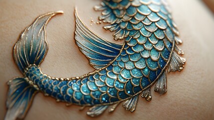 Intricate Mermaid Tail Tattoo with Gold Accents on Skin