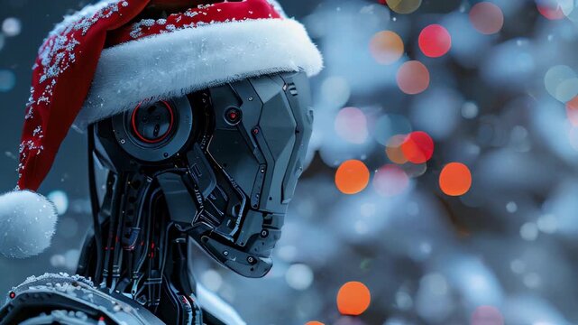 An AI robot wearing a cozy sweater holds a Christmas tree adorned with glowing garlands, standing against a clean white background, blending festive charm with futuristic design.