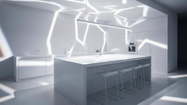 Modern all white kitchen with geometric light, island and minimal decor. Interior design, architecture, home and kitchen concepts.