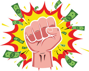 Fist punch explosion with flying money, strong hand power symbol, business finance success concept, comic style illustration, wealth energy impact