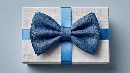 Elegant Gift Box with Blue Bow Tie on Minimalist Background. Perfect for Father's Day, Men's Special Occasions, or Corporate Gifting with Copy Space for Personalization and Celebration Messaging.