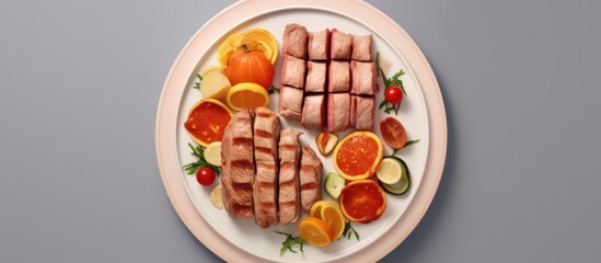 a plate of food, meat, sausage, roasted vegetables, fresh fruits and berries, arranged in a visually appealing manner, high quality, 4k, studio lighting, clean composition, appetizing
