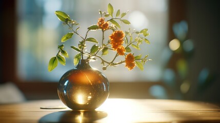 golden sphere vase,floating flower arrangement,vibrant botanicals,ethereal lighting,moody studio setting,depth of field,warm toned,mystical atmosphere
