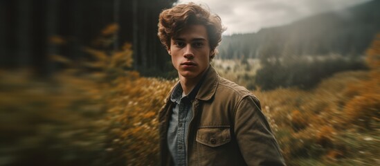 A young man standing in a lush, forested landscape, wearing a warm jacket and gazing thoughtfully into the distance, cinematic lighting, detailed portrait, dramatic mood, environmental portrait, high 