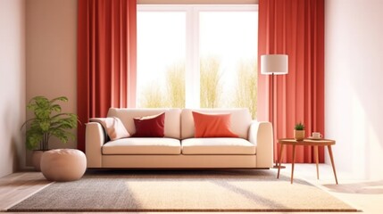 interior, living room, couch, sofa, cushions, curtains, window, plant, lamp, coffee table, modern, minimalist, warm lighting, soft tones, inviting, comfortable
