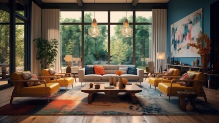 detailed living room interior, mid-century modern furniture, large windows, potted plants, warm lighting, abstract art on walls, cozy atmosphere, plush leather couches, wooden coffee table, industrial