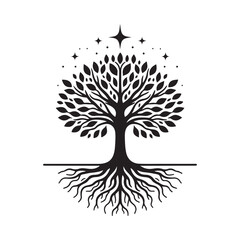 life of tree with roots and stars vector silhouette clip art logo design illustration