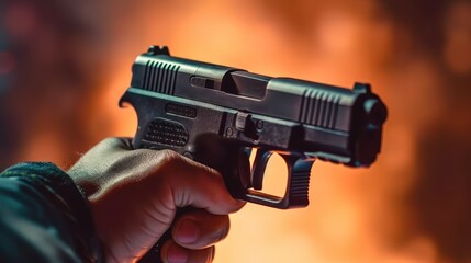firearms, gun, handgun, weapon, dark background, dramatic lighting, orange tones, metal, grip, trigger, muzzle, focusing on the details of the firearm
