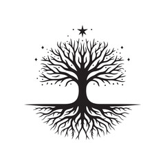 Naklejka premium life of tree with roots and stars vector silhouette clip art logo design illustration