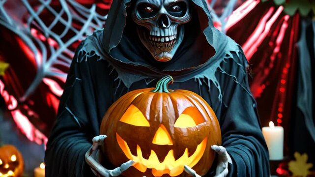 A towering grim reaper in a ragged, dark hooded cloak with silver trim and glowing red eyes clutches a carved, luminous pumpkin with a wicked grin, set against a vivid red foil backdrop