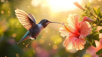 Fototapeta premium Hummingbird hovering near a pink hibiscus flower with sunlight in the background on a bright day