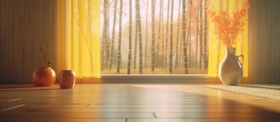 wooden floor, curtain, window, vase, apples, sunlight, warm lighting, cozy, still life, photorealistic

