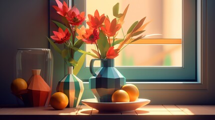 vase of red flowers, fruit bowl with oranges, window light, soft focus, still life, photorealistic, warm colors, high detail
