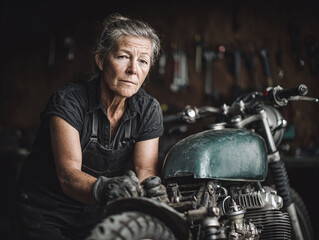 A woman with a determined gaze repairs a vintage motorcycle in her workshop. Represents expertise, craftsmanship, resilience, and the spirit of independence.