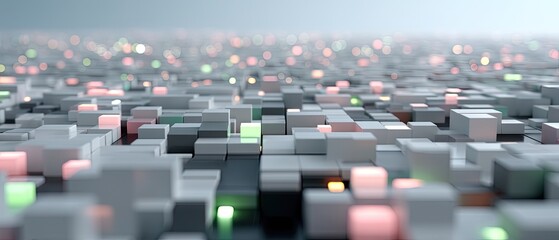 Obraz premium Abstract Digital City Grid with Geometric Cubes and Bokeh Lights in Soft Focus