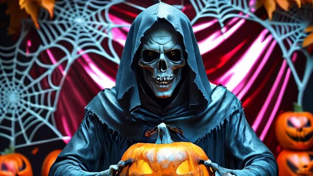 A towering grim reaper in a ragged, dark hooded cloak with silver trim and glowing red eyes clutches a carved, luminous pumpkin with a wicked grin, set against a vivid red foil backdrop