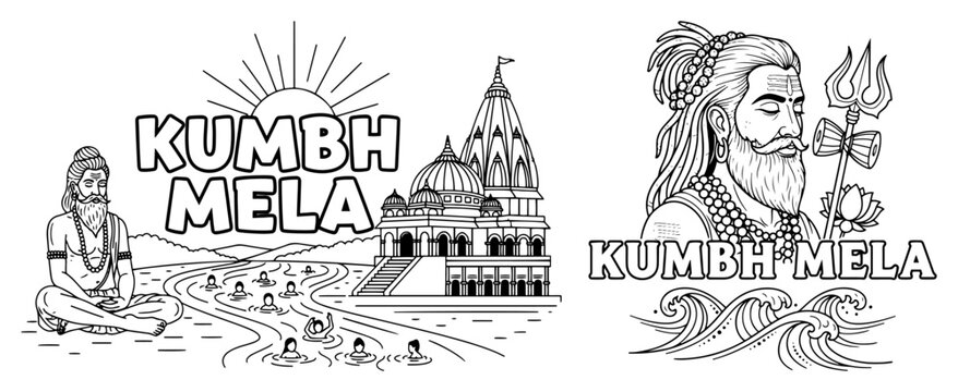 Kumbh Mela Festival Banners with Sadhu and Temple Vector