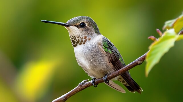 A hummingbird perched on a branch with green leaves and a blurred green background in natural light - Powered by Adobe