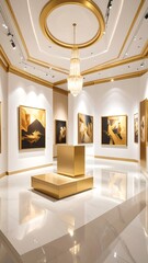 Luxurious gallery interior with gold accents, showcasing several large abstract paintings