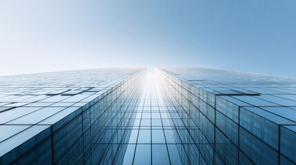 Modern architecture showcasing a skyscraper with mirrored glass facade reaching toward a bright, clear sky. Represents ambition, success, and corporate power.