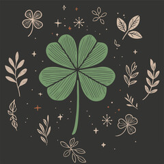 A hand-drawn illustration of a lucky four-leaf clover surrounded by delicate leaves and sparkling stars on a dark background.