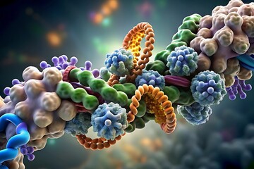Spliceosome 3D complex: protein–RNA machinery performing pre-mRNA splicing. Structural molecular biology, gene expression, snRNPs, RNA processing. DNA, genetics, biotechnology, pharma, life science