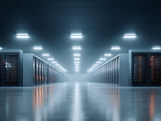 A server room filled with rows of powerful data racks. A cold, industrial feel suggesting advanced technology, data processing, and network infrastructure.