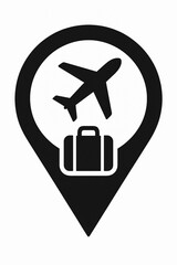 Vector art of black and travel location pin with airplane and suitcase icon isolated