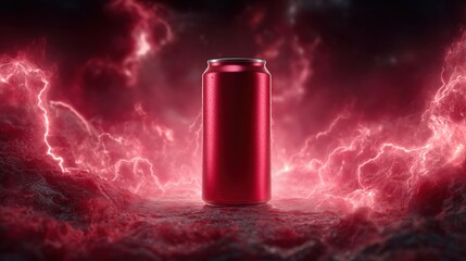 A red aluminum can stands prominently against a dark, stormy background with flashes of red lightning. The scene conveys energy and excitement.
