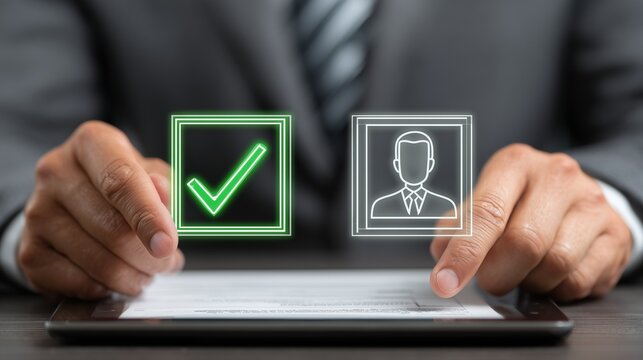 A businessman in a suit holds a tablet displaying a green checkmark and a user profile icon. The scene represents digital verification and identity management.