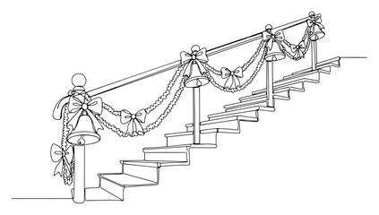 Stairs Decorated for Christmas in a Continuous Line Drawing Style