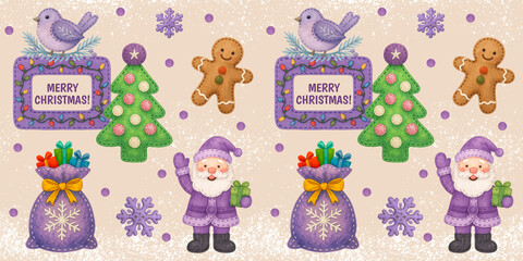 Seamless Christmas pattern with purple Santa Claus, gift bags, gingerbread cookies, decorated Christmas trees, birds, snowflakes and festive elements on beige background, winter holiday wrapping and t