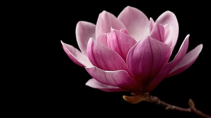 A close-up of a pink magnolia flower with delicate petals against a black background. The flower displays intricate details and vibrant colors.