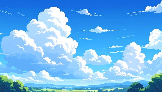 Vibrant digital painting of a sunny day with fluffy cumulus clouds dominating a clear blue sky over a tranquil landscape of rolling hills and green fields