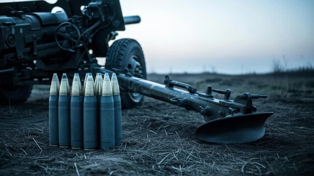 Heavy artillery with ammunition, military hardware. Cannon and shells on ground, army weapons.