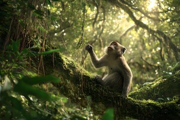 A macaque monkey reaches for a hanging vine while sitting on a mossy branch in a softly sunlit rainforest environment.
